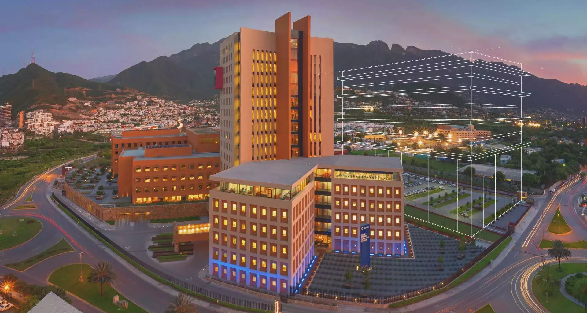 Ilustración del Hospital Zambrano Hellion, junto con el delineado el nuevo edificio Campus de la Salud