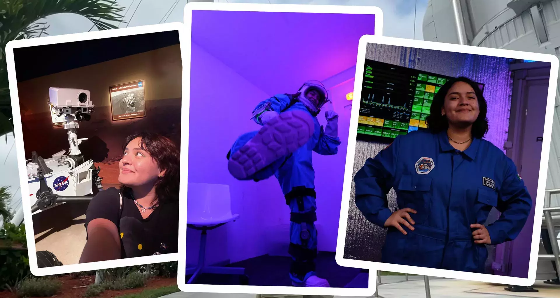 Shalom Carmona in various photos wearing spacesuits.