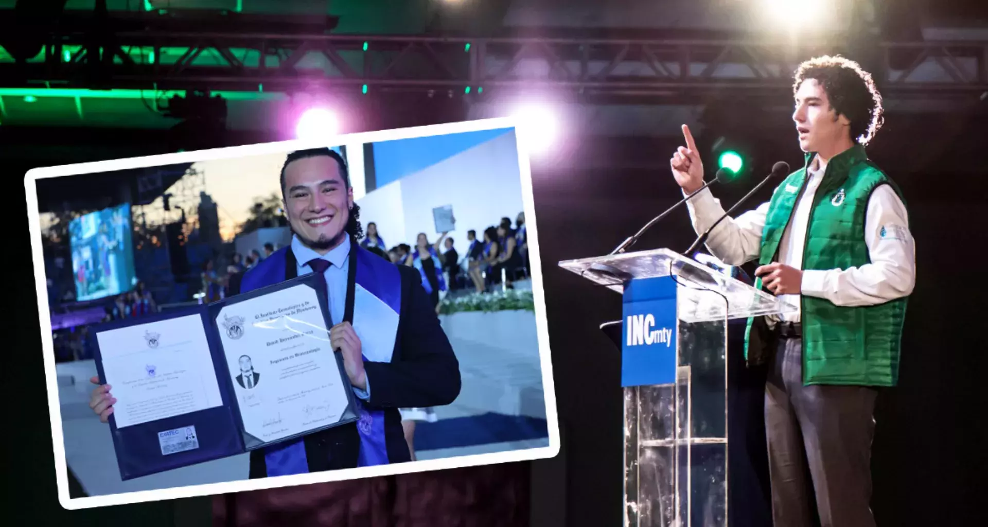 David Hernández muestra su título profesional, durante su ceremonia de graduación en campus Monterrey.