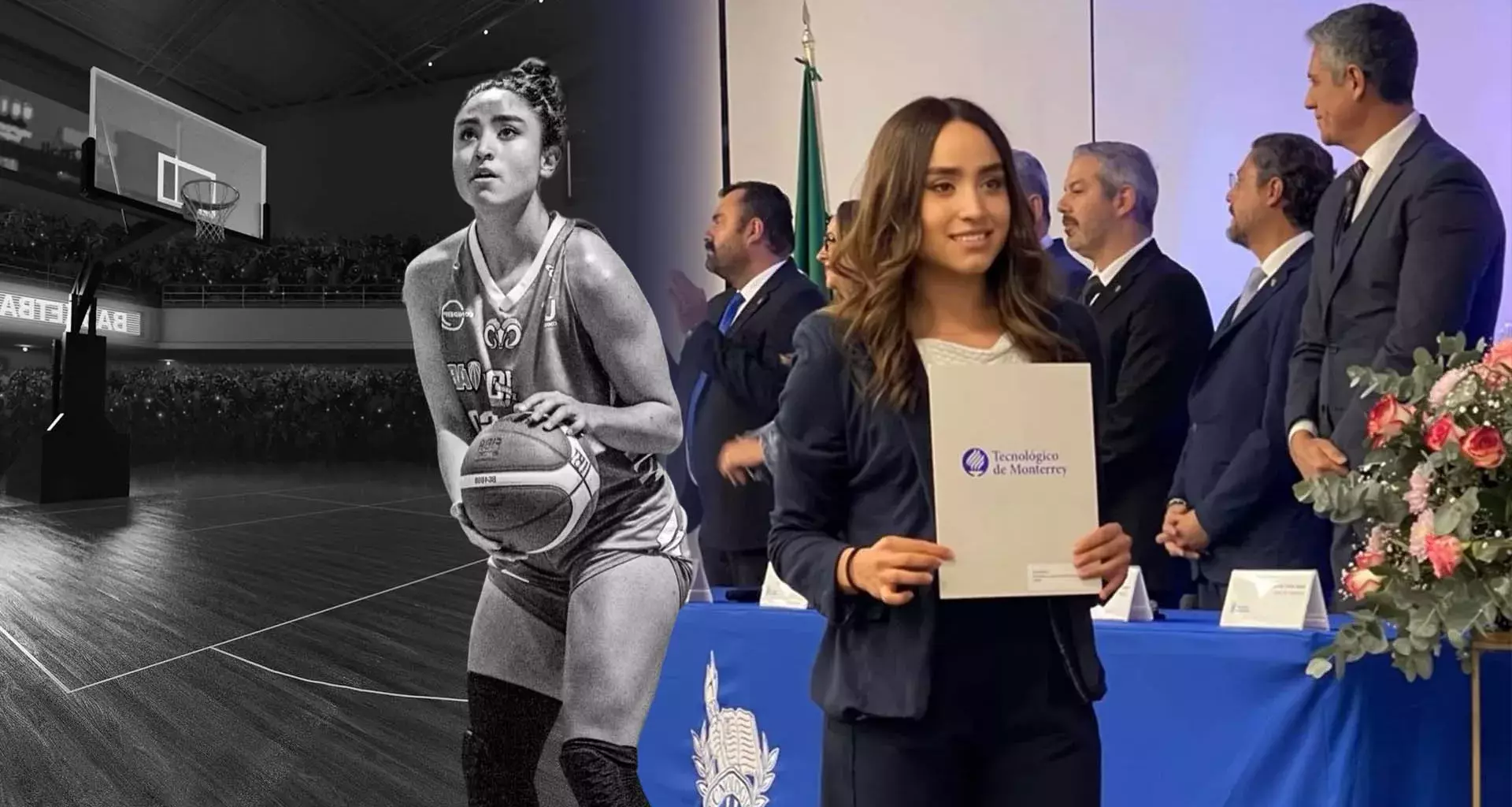 Geraldine jugando básquetbol y con su título universitario