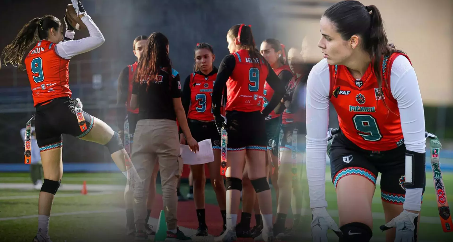 Collage de fotos de Ana Aguayo jugando flag football