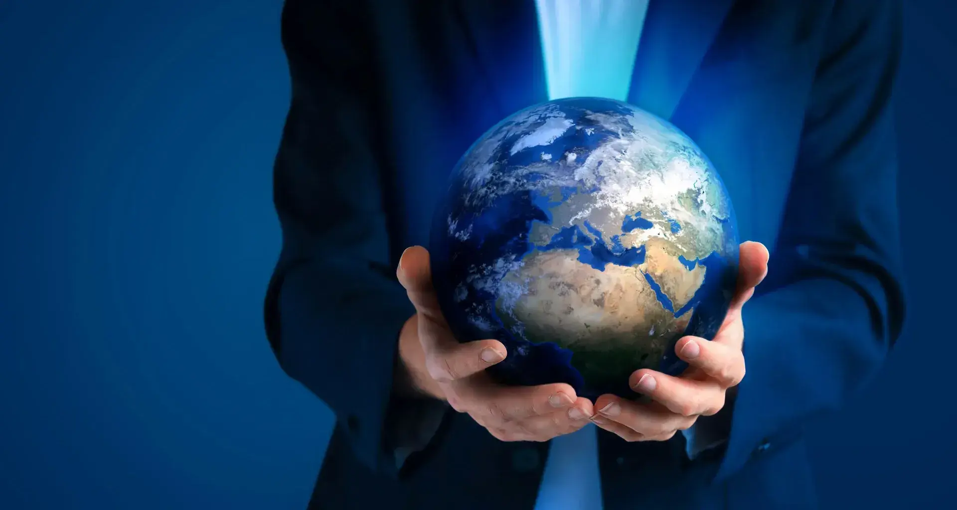 They analyze international security at a forum, with a person holding the globe in their hands