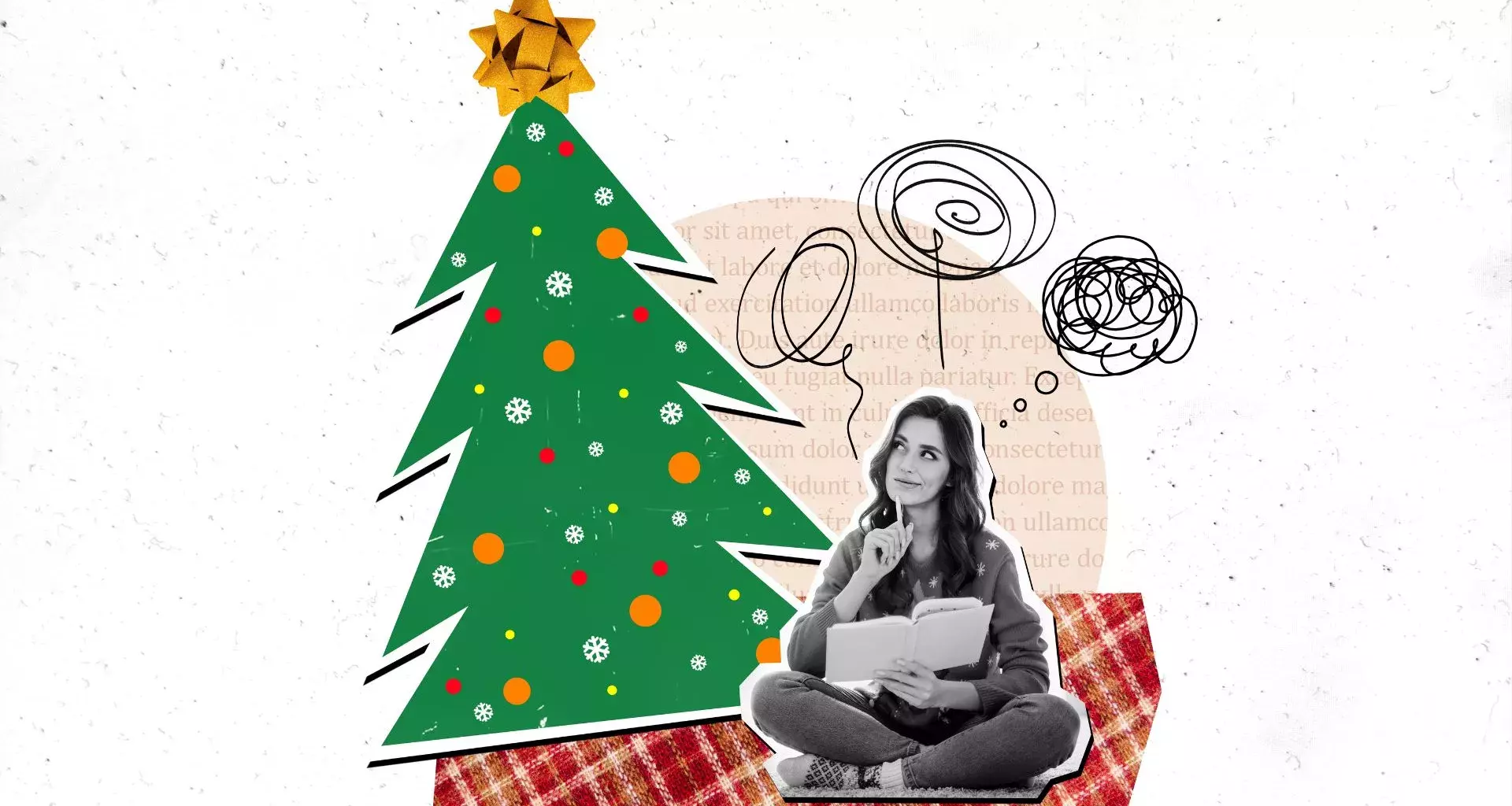 Ilustración de chica joven pensativa, dentro de una esfera de navidad, con personas a su alrededor celebrando la época decembrina, concepto de cuidado de salud mental en navidad