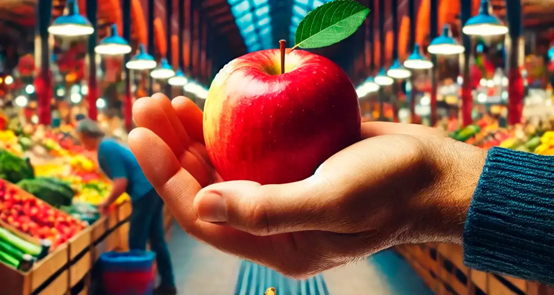 Manzana en palma de mano y de fondo un mercado