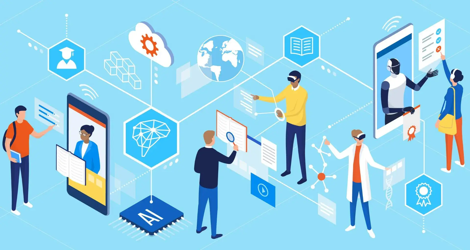 Ilustración de jóvenes trabajando con herramientas tecnológicas y de inteligencia artificial