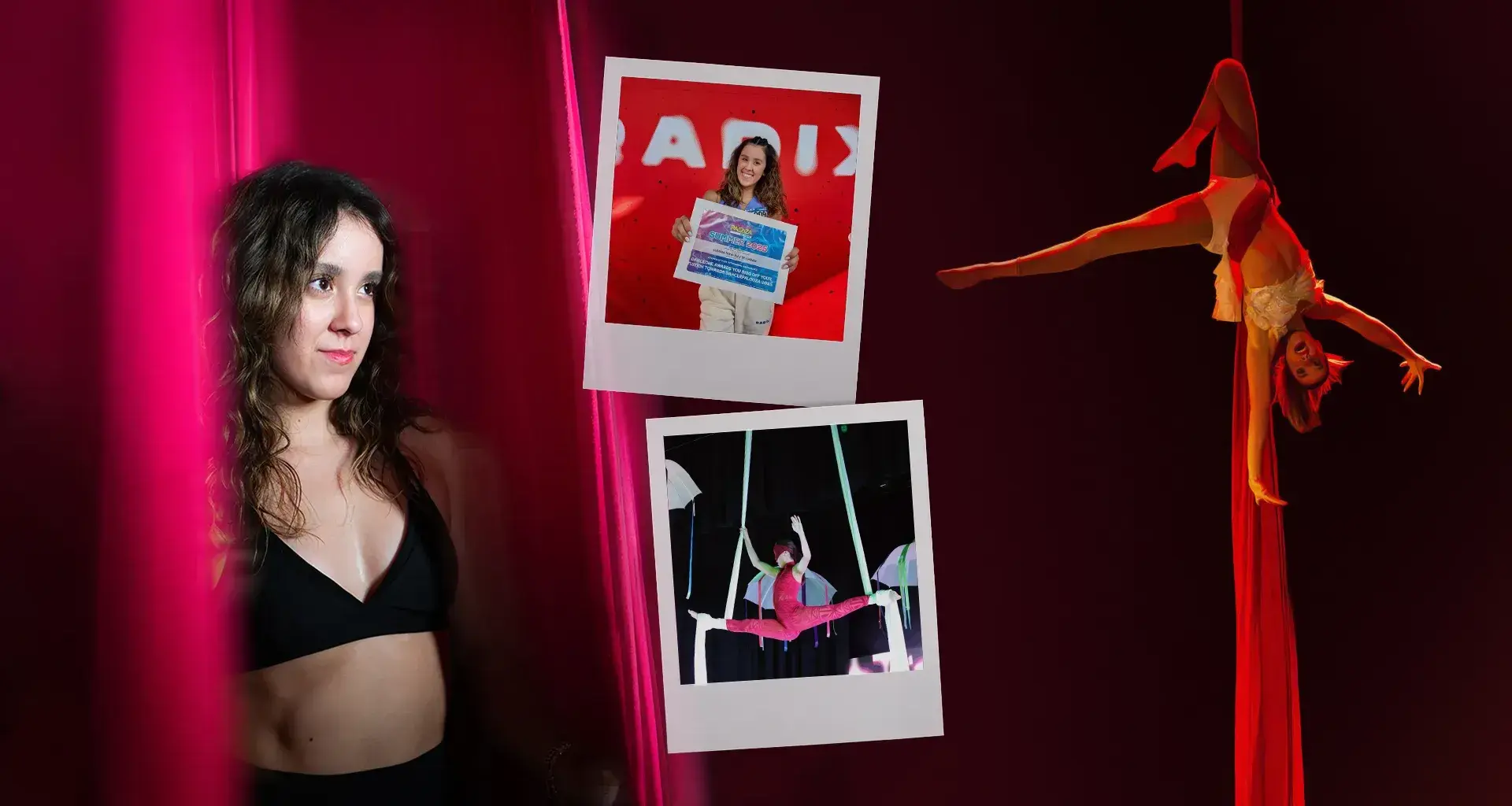 Collage de fotos: a la izquierda una joven entre telas, a la derecha la misma joven colgada de cabeza de una tela y al medio dos fotos de la chica recibiendo reconocimientos. 