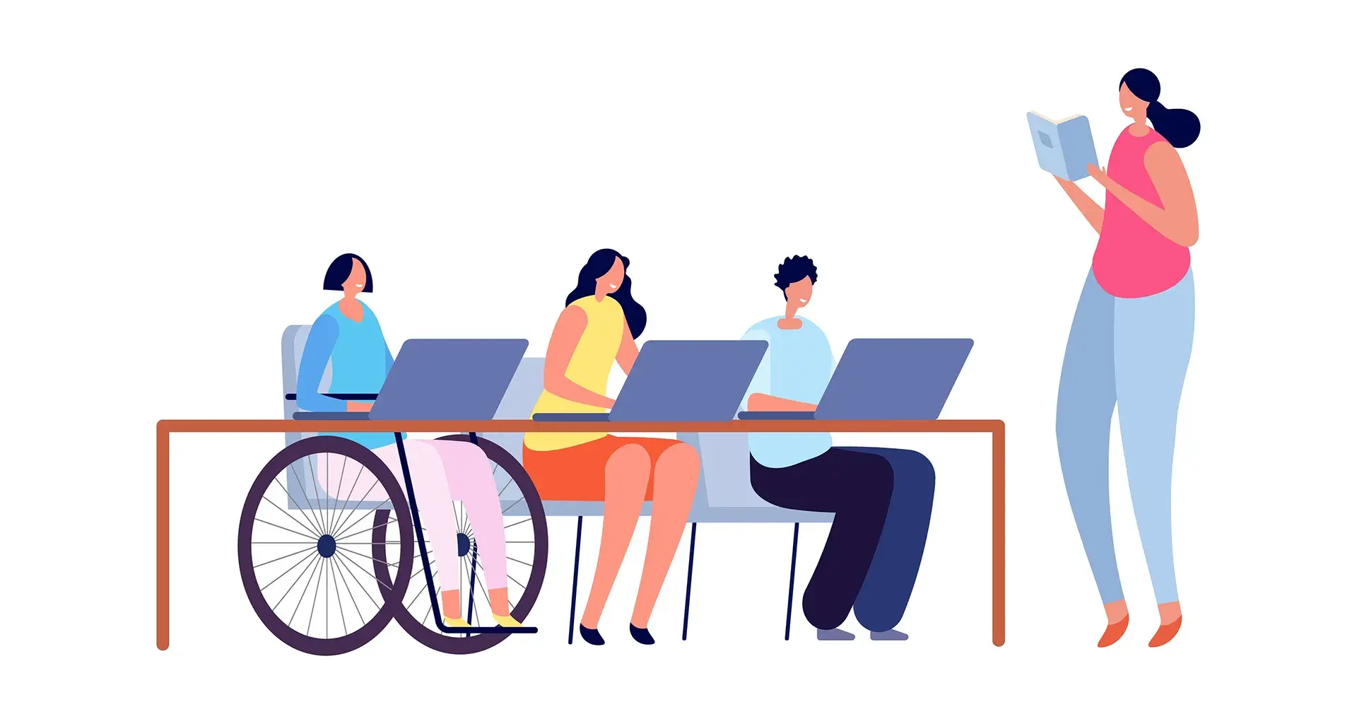 Ilustración de una maestra y tres jóvenes en clase, uno de ellos en silla de ruedas