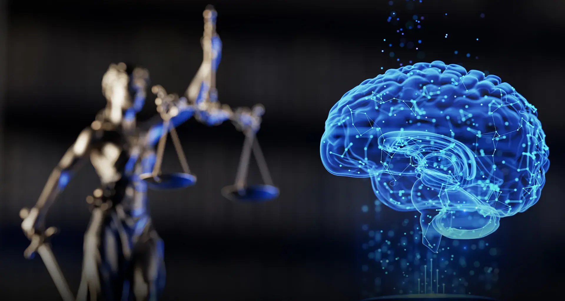 Imagen semitransparente de un cerebro azul sobre fondo negro con una estatua de una mujer sostendiendo una balanza en el fondo.