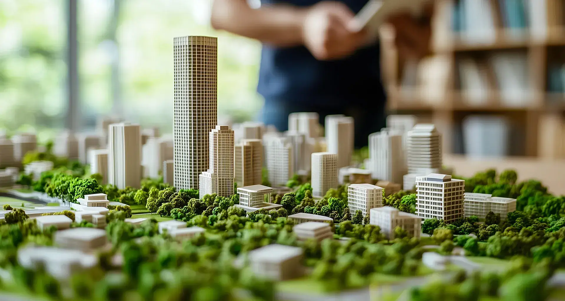 Maqueta de un desarrollo urbano en un entorno arbolado y biodiverso