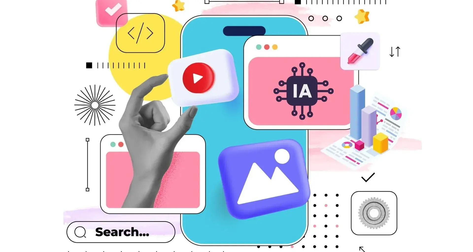 Ilustración tipo collage de herramientas digitales como videos, apps de IA, estadística, entre otros