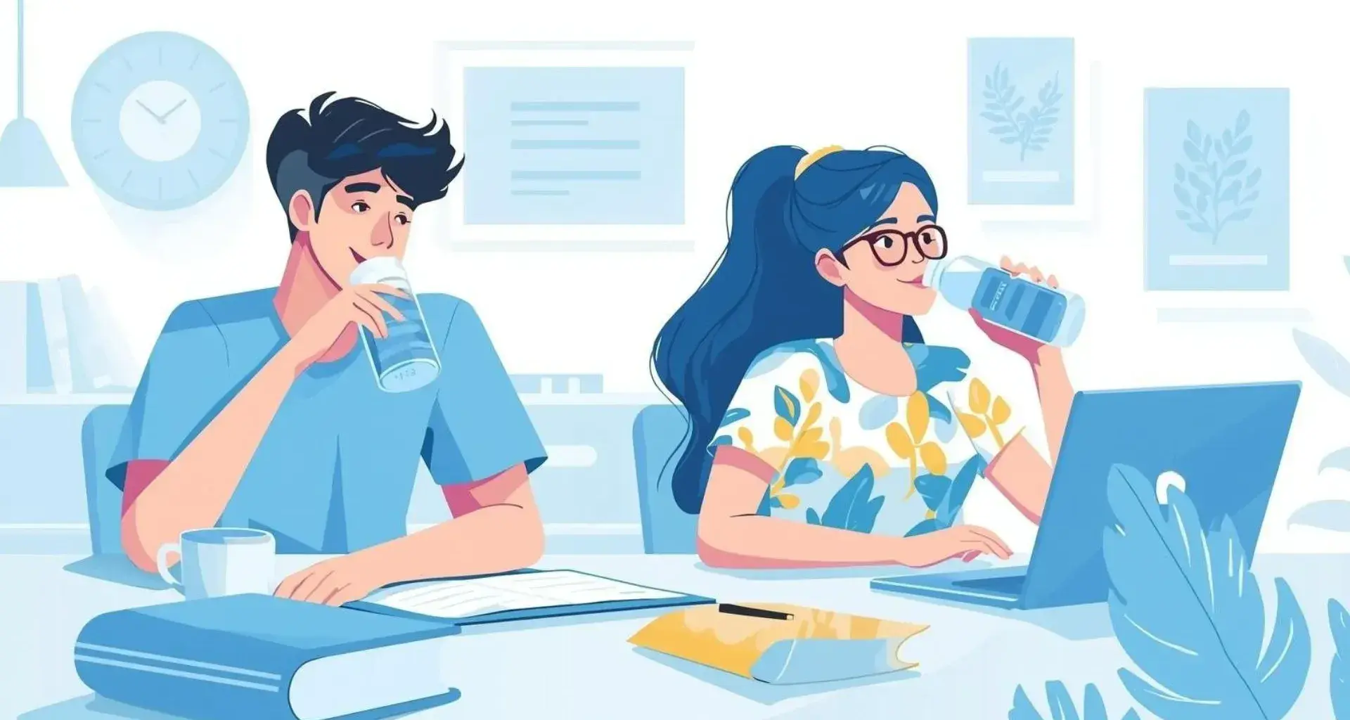 Ilustración de un chico y una chica, que son estudiantes, y están bebiendo agua