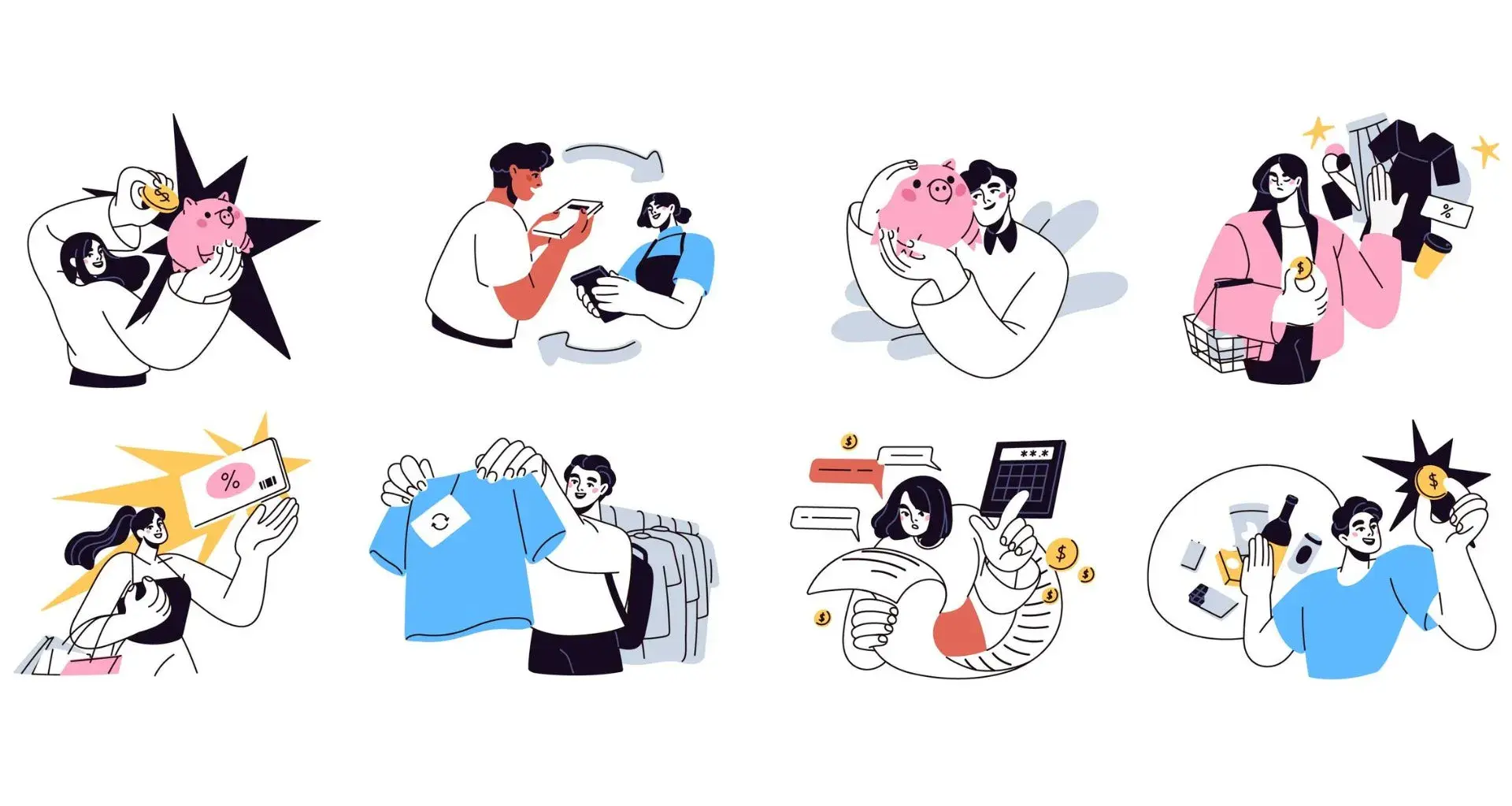 Ilustración de jóvenes realizando actividades como compras, ahorro, uso de tarjeta de crédito