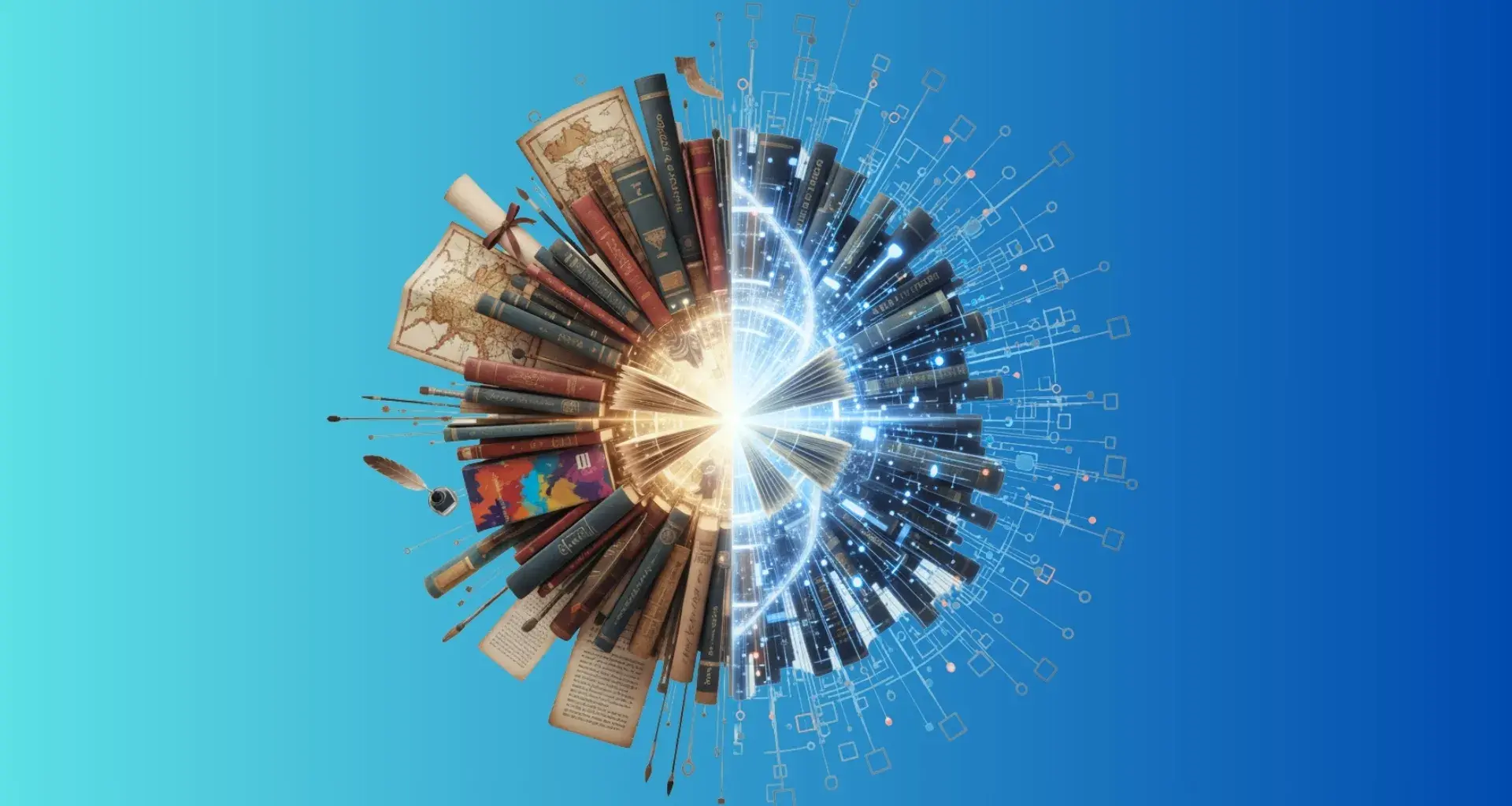 Ilustración conceptual dividida en dos mitades: a la izquierda, libros antiguos, mapas y elementos de humanidades; a la derecha, patrones digitales y líneas de datos que representan inteligencia artificial. Ambas partes se unen en un punto de luz central
