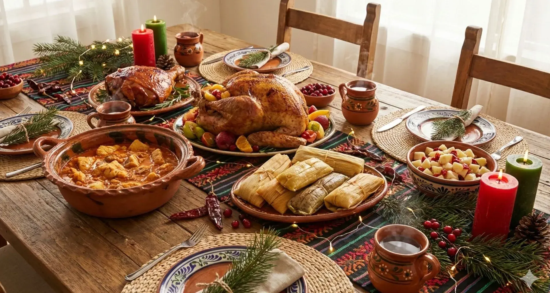 Mesa navideña mexicana con pavo horneado, pierna de cerdo, tamales, ensalada de manzana y guiso estilo bacalao para la cena de Navidad.