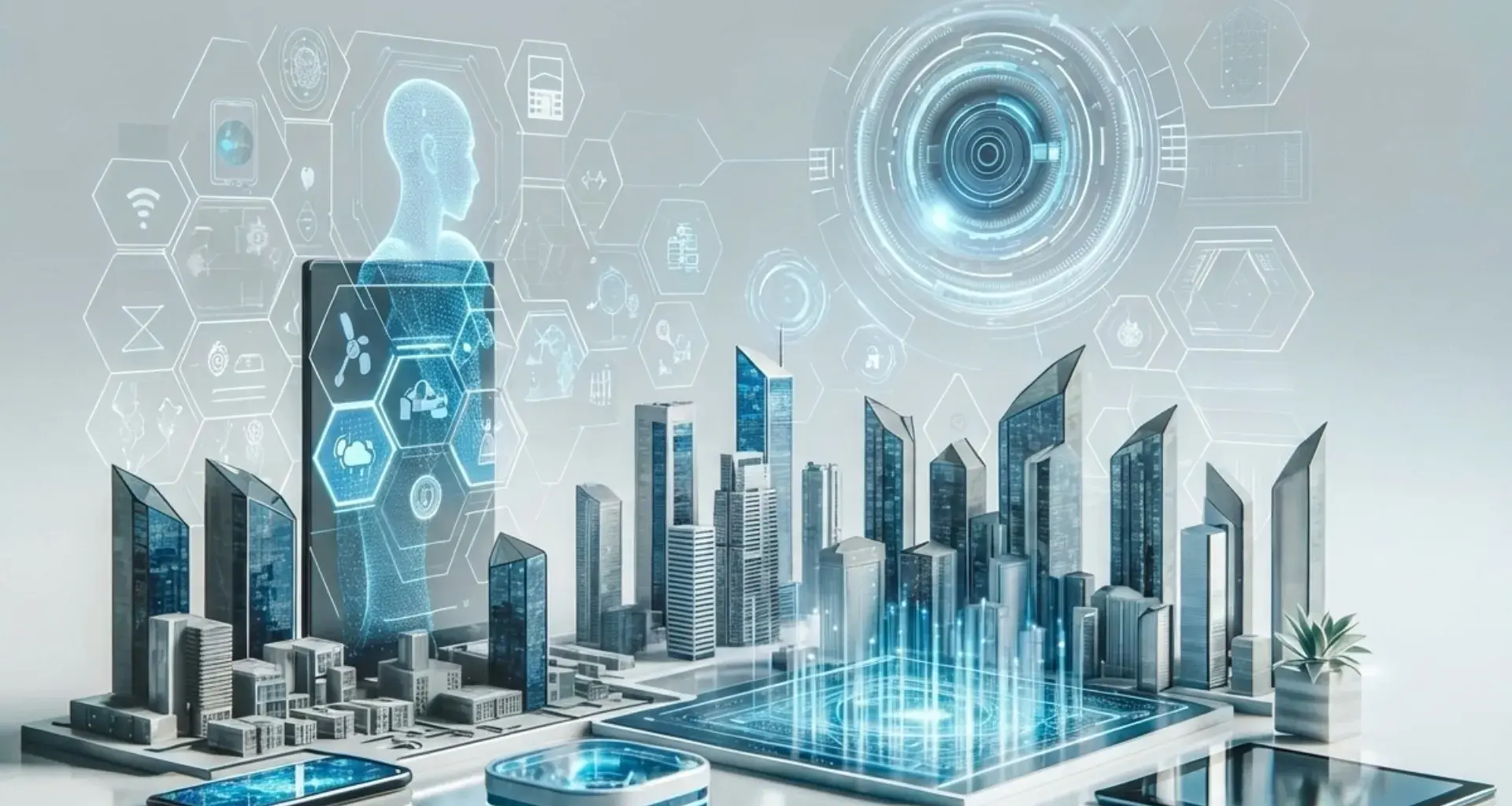 Ilustración futurista de una ciudad inteligente con hologramas, paneles digitales e íconos de inteligencia artificial, movilidad autónoma, energía sostenible y ciberseguridad, representando las tecnologías que marcarán el rumbo en 2026