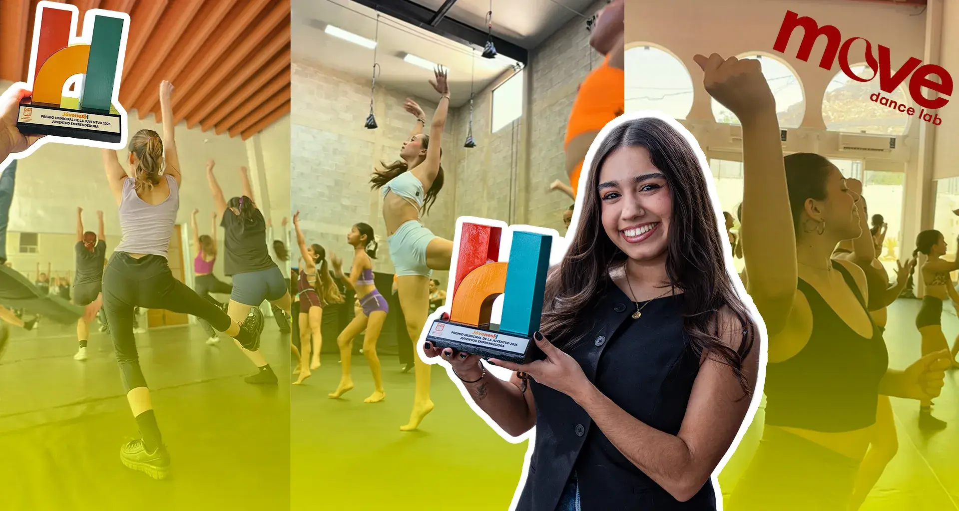 Montaje de fotos que muestran jóvenes practicando baile, con una imagen de una chica sosteniendo un trofeo superpuesta.
