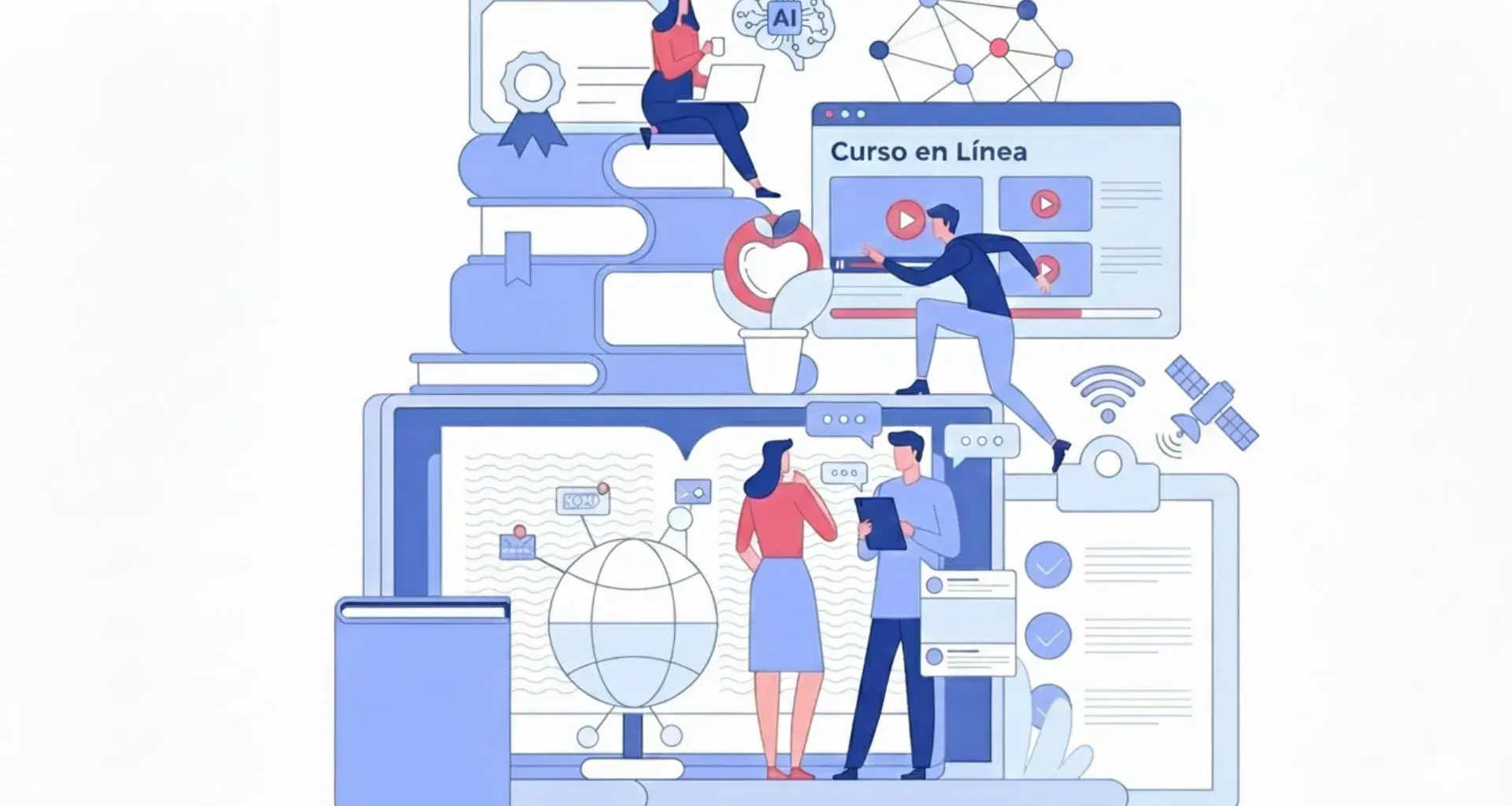 Ilustración sobre cursos en línea y aprendizaje digital con certificaciones, personas estudiando y desarrollando habilidades profesionales.