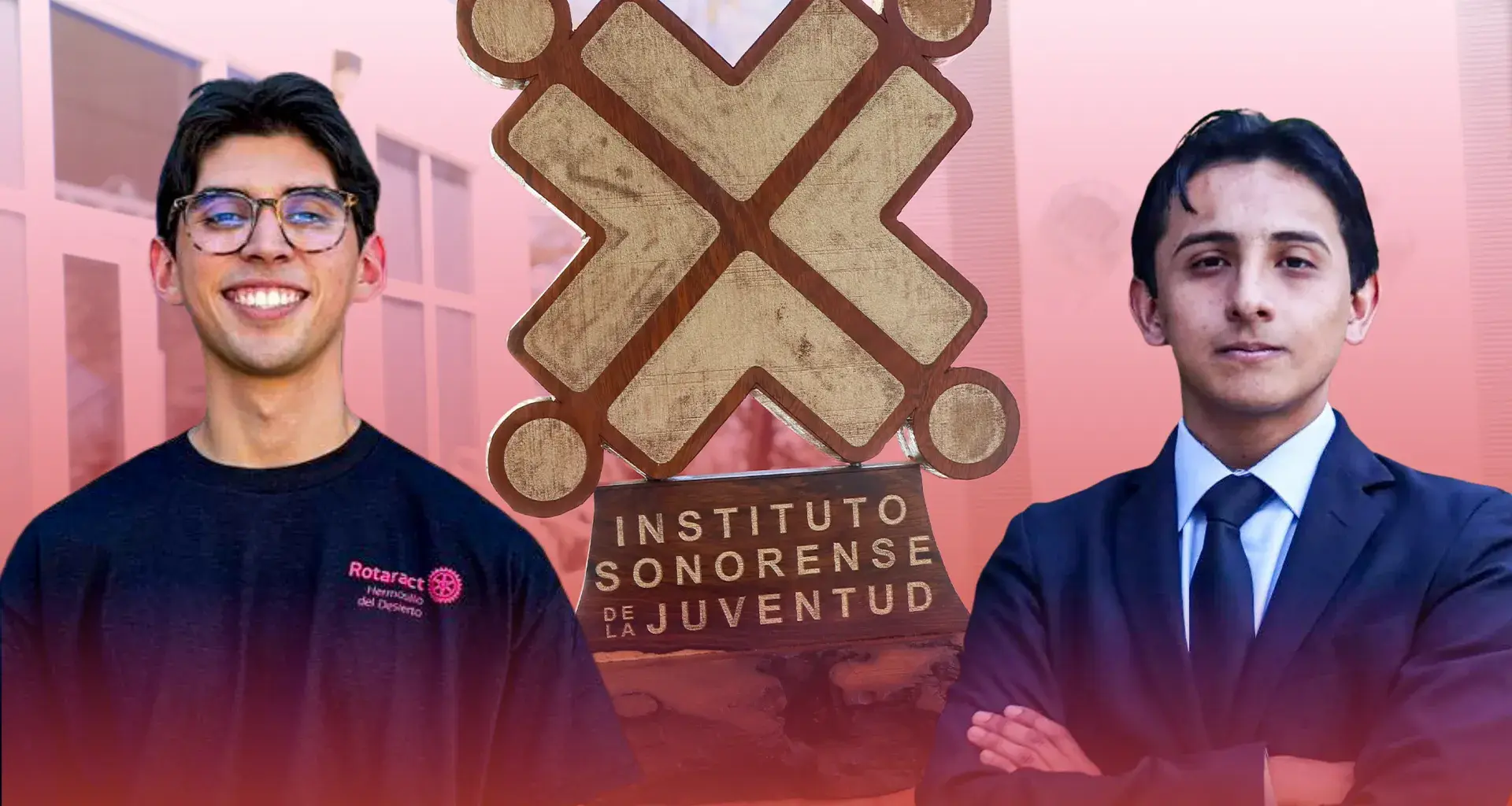 Motanje de fotos de dos jóvenes sonorenses frente a la imagen de un trofeo.