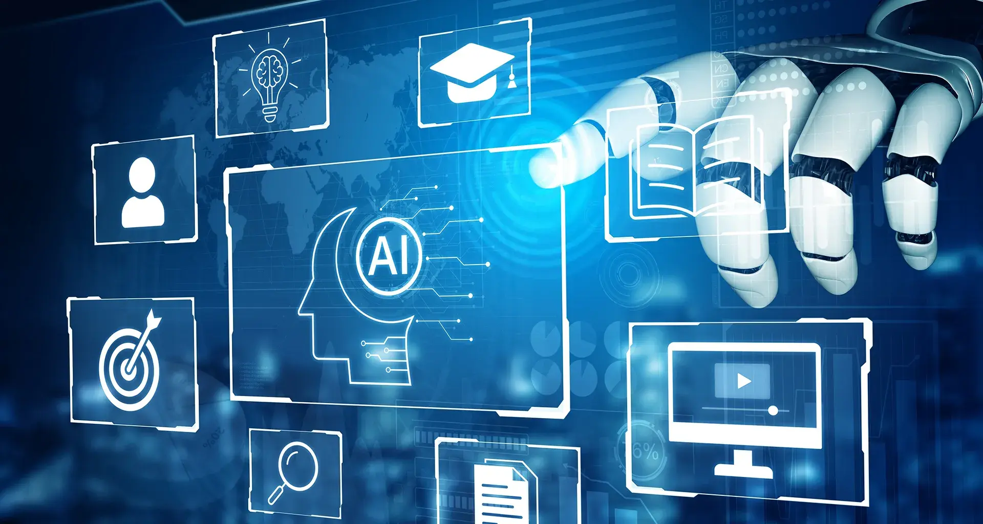 Ilustración, mano de robot señalando ventanas de tecnología