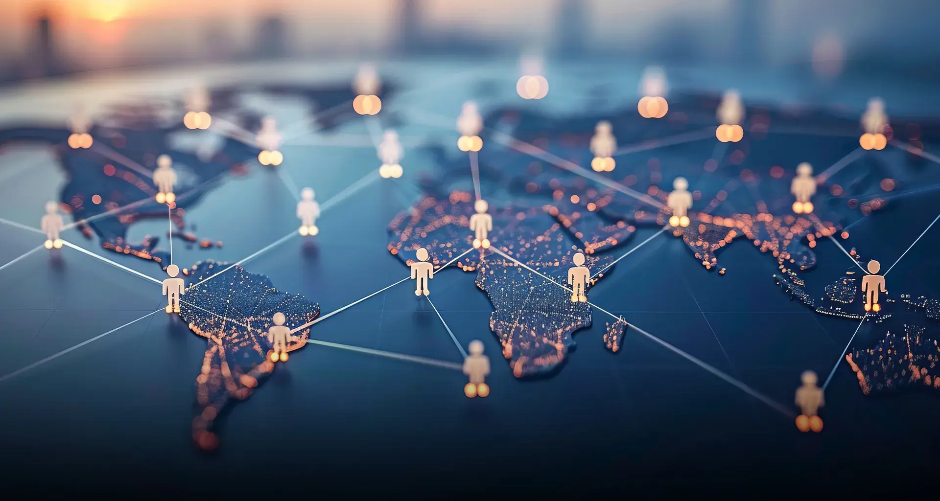 Mapa del mundo con gráficos de personas conectados por líneas.