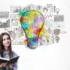Joven con libro en mano rodeada de iconos que representan el emprendimiento