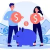 Ilustración de un chico y una chica, con billetes alrededor y una alcancía, para conceptualizar la independencia financiera