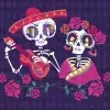 Animación de dos calaveras con vestimenta alusiva al Día de Muertos.