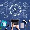 Iconos de tecnología alrededor de las letras AI, representando la inteligencia artificial