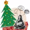 Ilustración de chica joven pensativa, dentro de una esfera de navidad, con personas a su alrededor celebrando la época decembrina, concepto de cuidado de salud mental en navidad