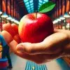 Manzana en palma de mano y de fondo un mercado