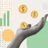 Imagen conceptual con gráficas y una mano recibiendo monedas