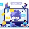 Ilustración de jóvenes aprendiendo diversos idiomas