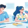 Ilustración de un chico y una chica, que son estudiantes, y están bebiendo agua
