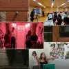 Montaje de alumnos y profesor presentando proyectos de arquitectura.