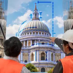 Dos hombres de espaldas indicando proporciones de una cúpula de manera virtual