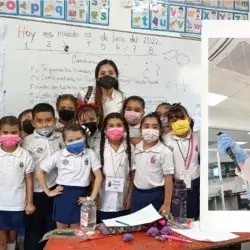 Maria guadalupe con un grupo de niños y preparando la bebida bioshake