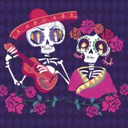 Animación de dos calaveras con vestimenta alusiva al Día de Muertos.