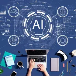 Iconos de tecnología alrededor de las letras AI, representando la inteligencia artificial