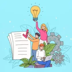 Ilustración con jóvenes estudiantes, con elementos alrededor de innovación, estudio y trabajo