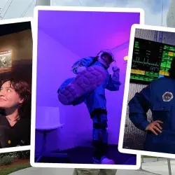 Shalom Carmona in various photos wearing spacesuits.