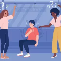 Ilustración de joven teniendo una crisis de ansiedad en el metro, y dos chicas preguntándose cómo ayudarlo