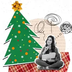 Ilustración de chica joven pensativa, dentro de una esfera de navidad, con personas a su alrededor celebrando la época decembrina, concepto de cuidado de salud mental en navidad