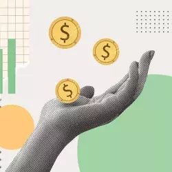 Imagen conceptual con gráficas y una mano recibiendo monedas