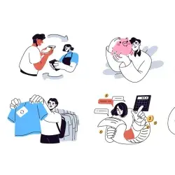 Ilustración de jóvenes realizando actividades como compras, ahorro, uso de tarjeta de crédito