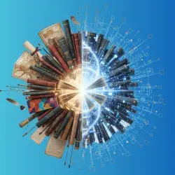 Ilustración conceptual dividida en dos mitades: a la izquierda, libros antiguos, mapas y elementos de humanidades; a la derecha, patrones digitales y líneas de datos que representan inteligencia artificial. Ambas partes se unen en un punto de luz central