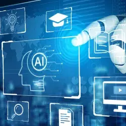 Ilustración, mano de robot señalando ventanas de tecnología