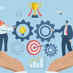 Líder con idea para desarrollar procesos de negocio o investigar nuevos proyectos innovadores, concepto de resolución de problemas y gestión efectiva, Empresario a gran escala controlando el mecanismo de negocio