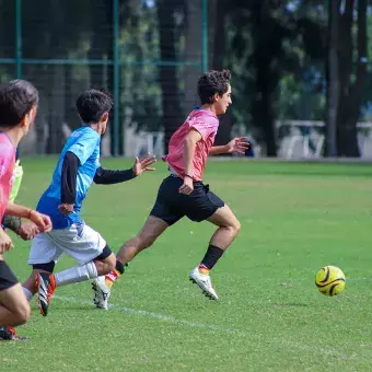 Jugadores de fútbol soccer corriendo tras el balón. 