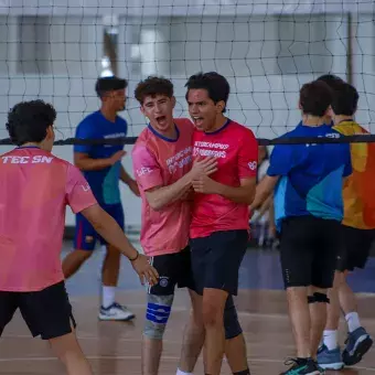 Jugadores de voleibol celebran punto. 